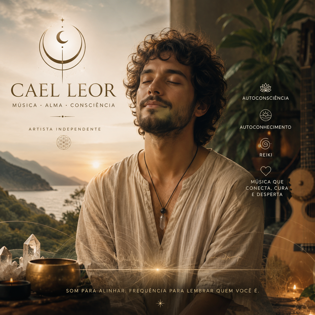 Cael Leor em meditação diante de uma paisagem ao entardecer