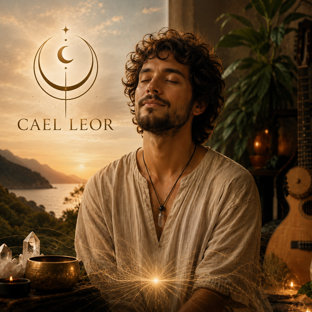 Retrato contemplativo de Cael Leor com instrumentos acústicos