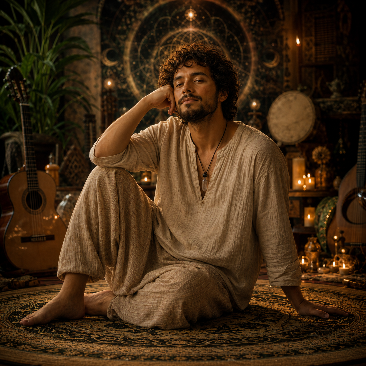 Cael Leor sentado em ambiente musical de luz dourada
